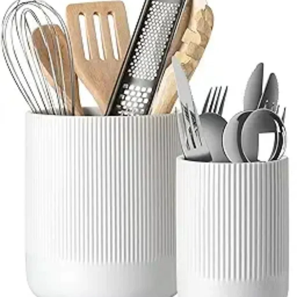 Kitchen Utensil Holder for Countertop Large Cooking Utensil Crocks 2 Set White
